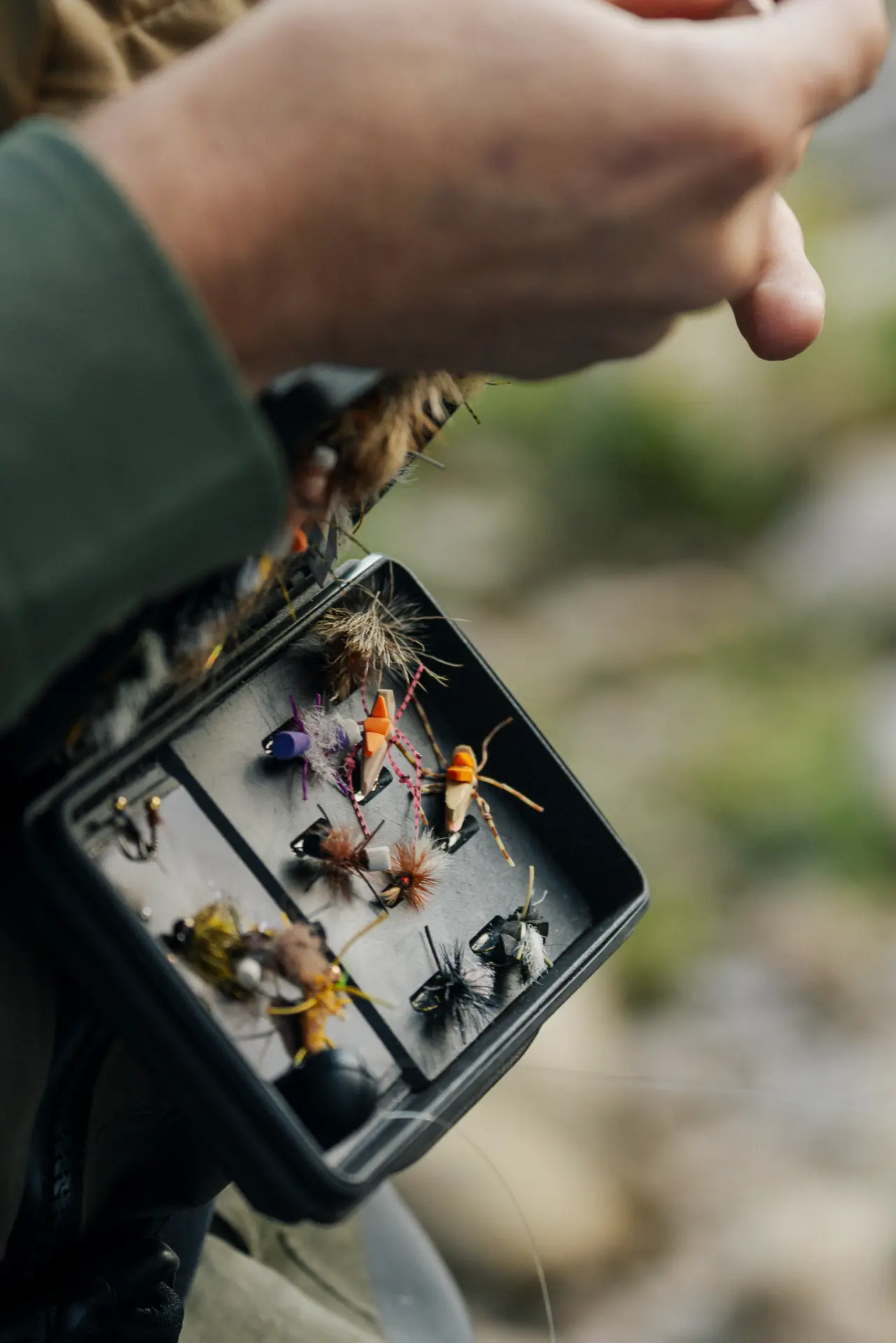 Close view of flies in the QuickDraw Magnetic Fly Box